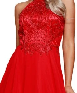 Nox Anabel - J117 Embroidered Halter Chiffon A-line Dress