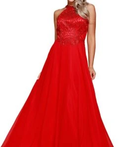 Nox Anabel - J117 Embroidered Halter Chiffon A-line Dress