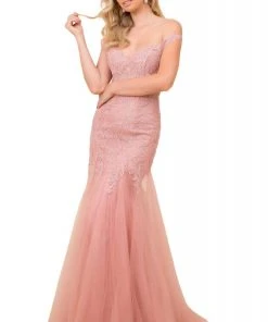 Formal Gowns Nox Anabel - J325 Off Shoulder Lace Appliqued Trumpet Gown