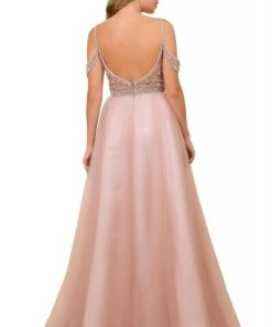Formal Gowns Nox Anabel - L342 Bejeweled Bodice Cold Shoulder Long Gown