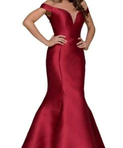 Formal Gowns Nox Anabel Plunge Detailed Off Shoulder Mikado Trumpet Gown C004 - 1 Pc Burgundy In Size XL Available