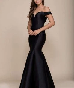 Formal Gowns Nox Anabel Plunge Detailed Off Shoulder Mikado Trumpet Gown C004 - 1 Pc Burgundy In Size XL Available