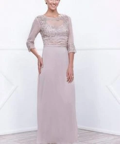 Nox Anabel - Quarter Length Sleeves Empire Long Dress 5101 - 1 Pc Steel In Size L Available Formal Gowns