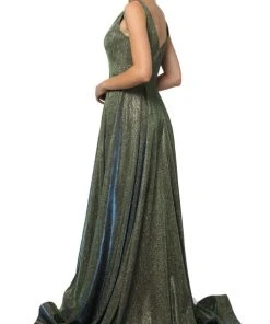 Nox Anabel - R274 Long Iridescent V Neck Gown With Train Formal Gowns