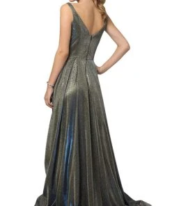 Nox Anabel - R274 Long Iridescent V Neck Gown With Train Formal Gowns