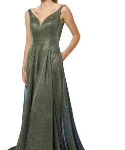 Nox Anabel - R274 Long Iridescent V Neck Gown With Train Formal Gowns