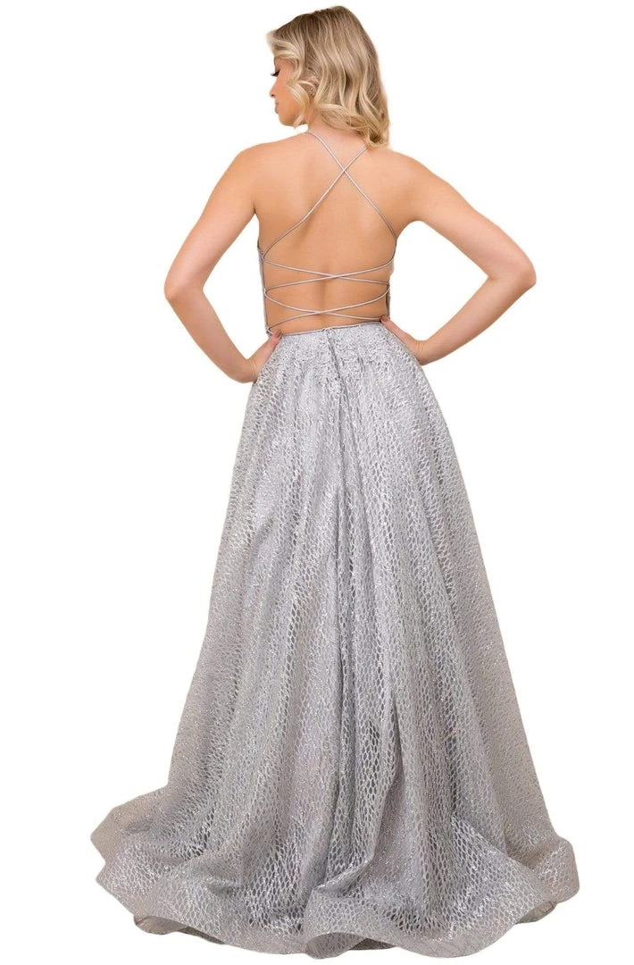 Nox Anabel - R349 Metallic Lace Appliqued Lace Up Back Long Gown 6 Nox Anabel - R349 Metallic Lace Appliqued Lace Up Back Long Gown