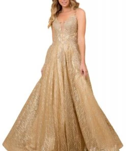 Nox Anabel - R349 Metallic Lace Appliqued Lace Up Back Long Gown