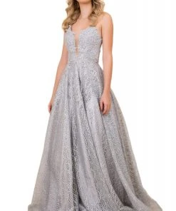 Nox Anabel - R349 Metallic Lace Appliqued Lace Up Back Long Gown 8 Nox Anabel - R349 Metallic Lace Appliqued Lace Up Back Long Gown