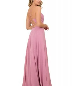 Nox Anabel - R416 Lace-up Open Back Beaded Waist A-Line Prom Dress