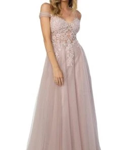 Nox Anabel - S265 Embroidered Off-Shoulder A-line Dress Formal Gowns