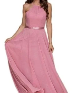 Nox Anabel - Sleeveless Halter Ribbon Waist A-Line Dress Y102