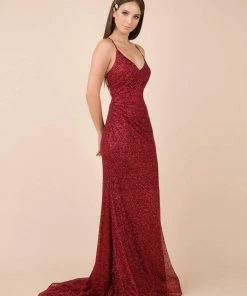 Nox Anabel - Strappy Plunging V-neck Evening Gown - 1 Pc Burgundy In Size S Available Formal Gowns