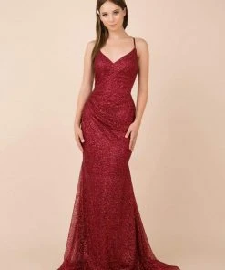 Nox Anabel - Strappy Plunging V-neck Evening Gown - 1 Pc Burgundy In Size S Available Formal Gowns