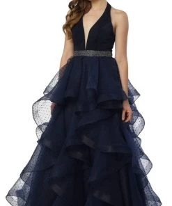 Nox Anabel - T256 Plunging Halter Dotted Lace Tiered Gown Formal Gowns