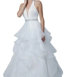 Nox Anabel - T256 Plunging Halter Dotted Lace Tiered Gown Formal Gowns