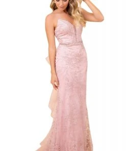 Nox Anabel - T314 Plunging V-Neck Embroidered Mermaid Gown Formal Gowns