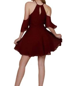 Nox Anabel - T667 Cold Shoulder Short Chiffon Dress