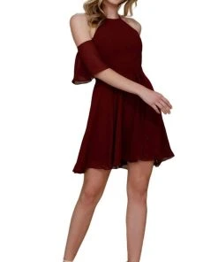Nox Anabel - T667 Cold Shoulder Short Chiffon Dress