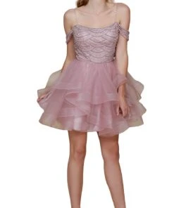 Nox Anabel - T668 Beaded Tiered A-Line Cocktail Dress