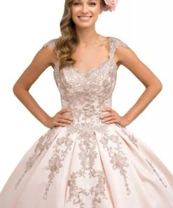 Nox Anabel - U801 Cap Sleeve Lace Appliqued Cutout Ballgown Formal Gowns