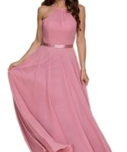 Nox Anabel - Y102 Halter Strap Lace Up Chiffon Evening Gown