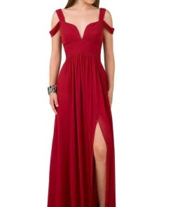 Nox Anabel - Y277 Cold Shoulder V Neckline A-Line High Slit Gown