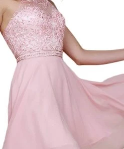 Nox Anabel - Y629 Embellished Illusion Halter Chiffon A-line Dress