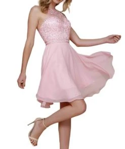 Nox Anabel - Y629 Embellished Illusion Halter Chiffon A-line Dress