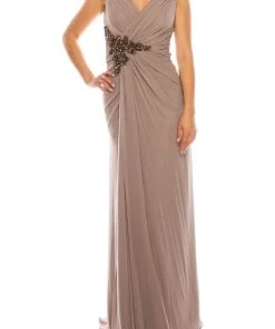 Odrella - 1301 Bead Appliqued Draped Sheath Gown Formal Gowns