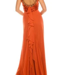 Odrella - 1698 Gathered Embellished Halter Crepe Chiffon Evening Dress