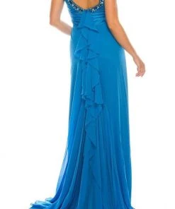 Odrella - 1698 Gathered Embellished Halter Crepe Chiffon Evening Dress
