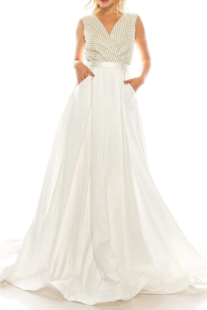 Odrella - 4747 Surplice Glitter Lattice Bodice A-Line Gown 3 Odrella - 4747 Surplice Glitter Lattice Bodice A-Line Gown