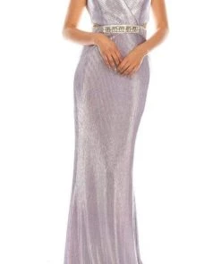 Formal Gowns Odrella - 4763 V Neck Cutout Waist Metallic Rib Sheath Evening Gown