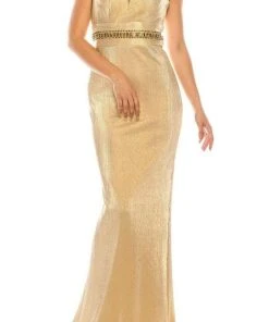 Odrella - 4767 Sleeveless Empire Waist Metallic Rib Sheath Gown Formal Gowns