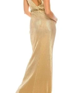 Odrella - 4767 Sleeveless Empire Waist Metallic Rib Sheath Gown Formal Gowns