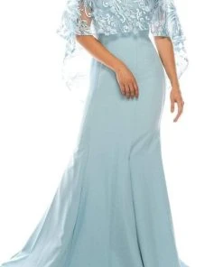 Formal Gowns Odrella - 7Y1037 Off-Shoulder Trumpet Gown With Embroidered Mesh Cape