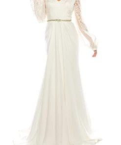 Odrella - 7Y1090 Bishop Sleeve Embroidered Mesh Jacquard Gown Formal Gowns