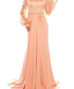 Odrella - 7Y1090 Bishop Sleeve Embroidered Mesh Jacquard Gown Formal Gowns