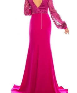 Odrella - 7Y1090 Bishop Sleeve Embroidered Mesh Jacquard Gown Formal Gowns