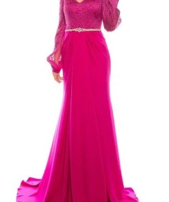 Odrella - 7Y1090 Bishop Sleeve Embroidered Mesh Jacquard Gown Formal Gowns