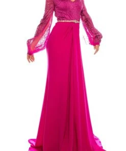 Odrella - 7Y1090 Bishop Sleeve Embroidered Mesh Jacquard Gown Formal Gowns