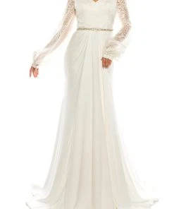 Odrella - 7Y1090 Bishop Sleeve Embroidered Mesh Jacquard Gown Formal Gowns