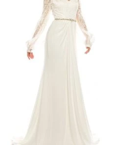 Odrella - 7Y1090 Bishop Sleeve Embroidered Mesh Jacquard Gown Formal Gowns