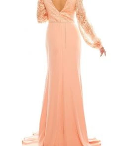 Odrella - 7Y1090 Bishop Sleeve Embroidered Mesh Jacquard Gown Formal Gowns