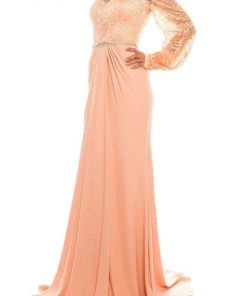 Odrella - 7Y1090 Bishop Sleeve Embroidered Mesh Jacquard Gown Formal Gowns