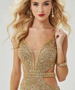 Panoply - 14075 Illusion Plunged Neck Cutout Bodice Fully Beaded Gown