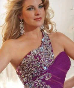 Panoply - 14622 Glittering Rhinestones And Beads Embellished One Shoulder Silky Chiffon Long Gown