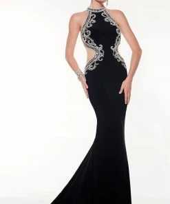 Panoply - 14794 Rhinestone-encrusted Halter Neck Jersey Trumpet Dress
