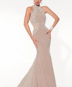 Panoply - 14794 Rhinestone-encrusted Halter Neck Jersey Trumpet Dress